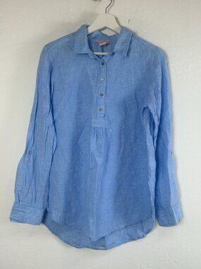 St. Tropez West Womens Blue 100% Linen Long Sleeve Popover Shirt Large Casual